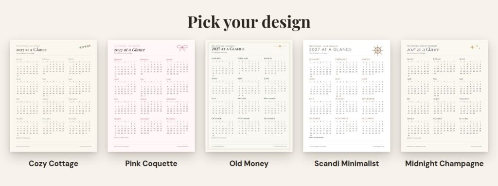 Five designs of the free printable 2027 calendar: Cozy Cottage, Pink Coquette, Old Money, Scandi Minimalist and Midnight Champagne