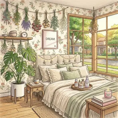 Illustration of a cottagecore bedroom with a quilted bed, dried herbs, plants and a sunny window