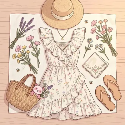 Illustration of a cottagecore outfit: a white floral dress, straw bag, sandals and lavender sprigs