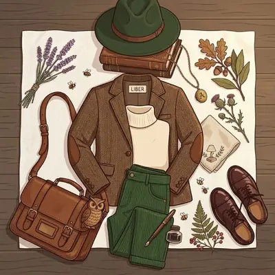 Illustration of a dark academia outfit: brown tweed blazer, cream shirt, green trousers, leather satchel and loafers