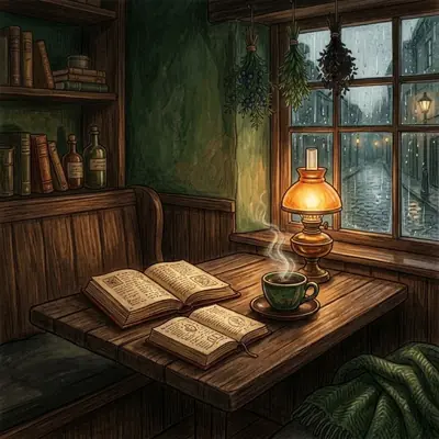 Illustration of a candlelit study desk with open books, a lamp and a rainy window