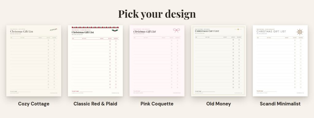Five designs of the free printable Christmas gift list and budget tracker: Cozy Cottage, Classic Red & Plaid, Pink Coquette, Old Money and Scandi Minimalist