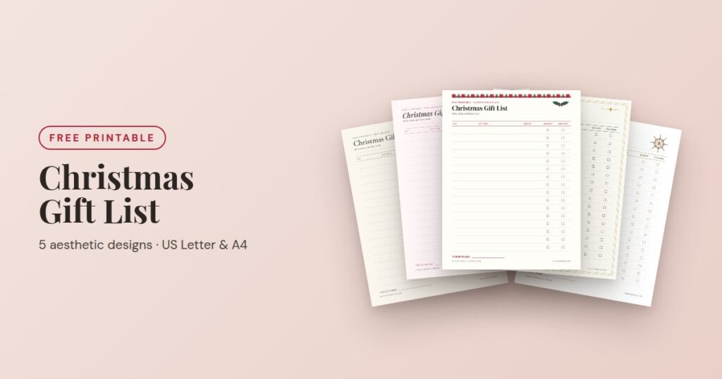 Free printable Christmas gift list and budget tracker in 5 aesthetic designs