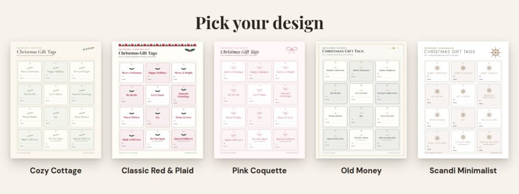 Five designs of the free printable Christmas gift tags: Cozy Cottage, Classic Red & Plaid, Pink Coquette, Old Money and Scandi Minimalist