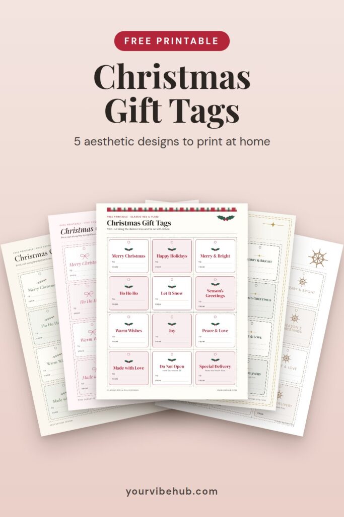 Free printable Christmas gift tags in 5 aesthetic designs pin