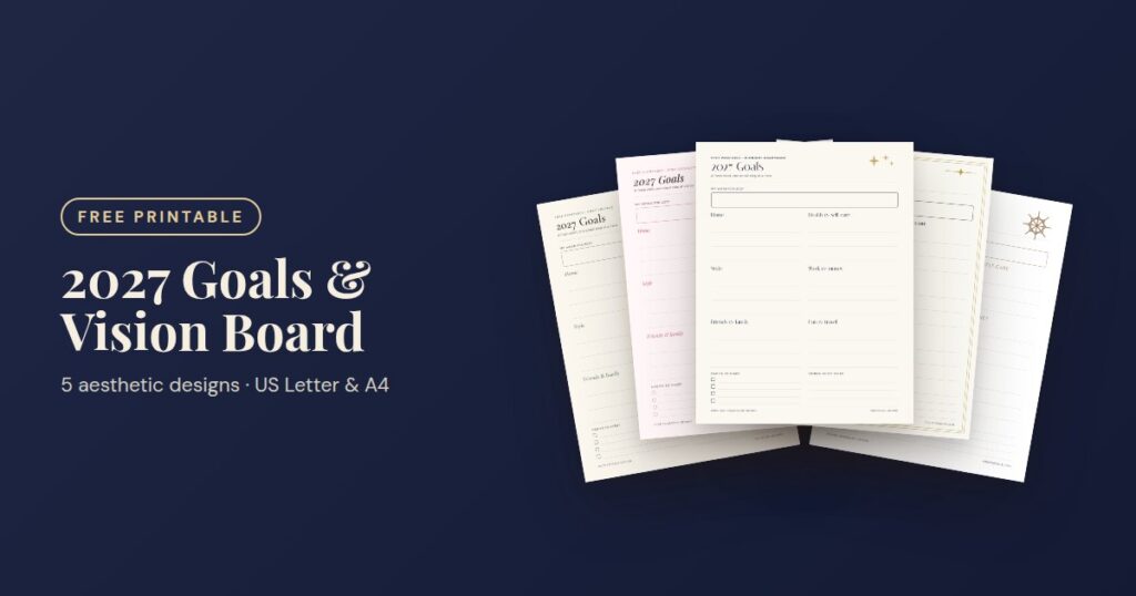 Free printable 2027 goals worksheet and vision board in 5 aesthetic designs