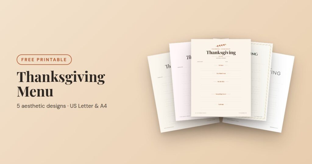 Free printable Thanksgiving menu in 5 aesthetic designs