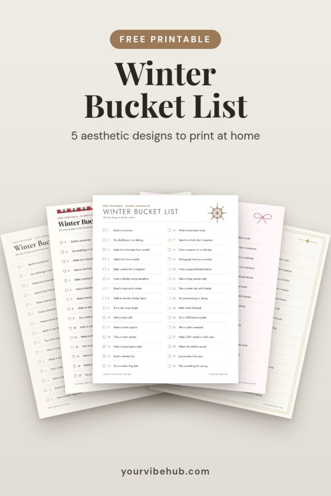 Free printable winter bucket list with 30 cozy things to do pin